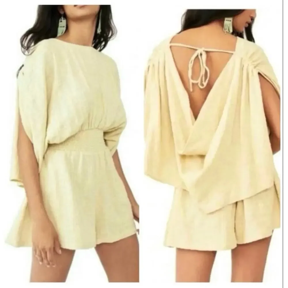 Free People Tie Back Romper Dress Green XS Boho Draped Sleeves Drawstring